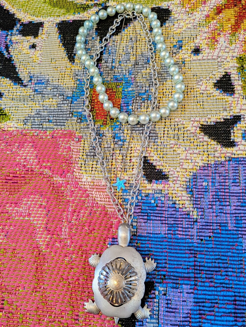 Vintage silver turtle pendant necklace with turquoise starfish charm bundle